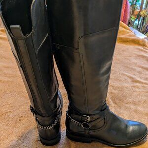 Marc Fisher women's black leather riding boots,knee high,chian buckle 6.5M